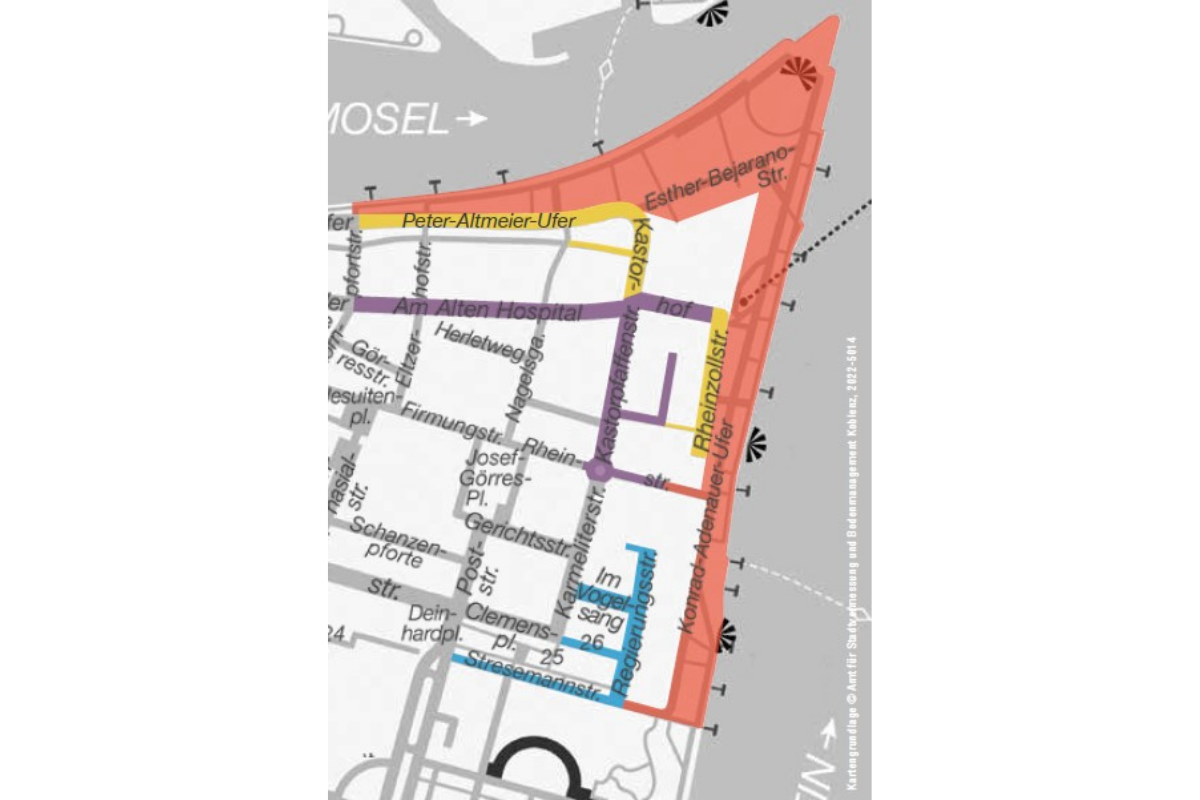 Beperkingen rondom het evenemententerrein | RiF-Ko 2025 © Koblenz-Touristik GmbH Stadtbereich mit Änderungen in der Verkehrsführung_Rhein in Flammen 2026 © Koblenz-Touristik GmbH