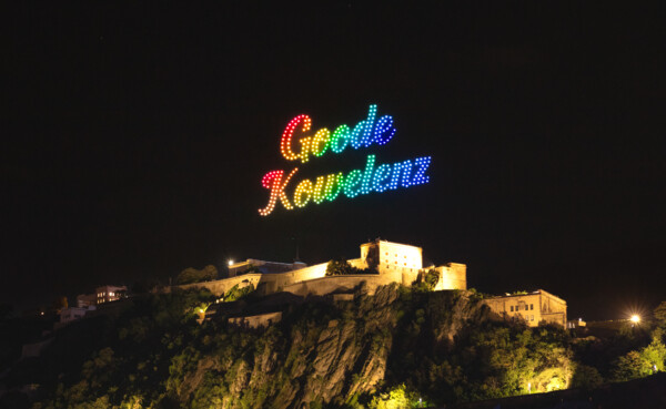 "Goode" Kowelenz" in der Drohnenshow zu Rhein in Flammen® Koblenz 2025 © Koblenz-Touristik, Johannes Bruchhof
